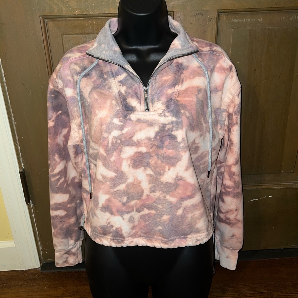 Gray Pink Colorful Acid Wash Quarter Zip Crop Long Sleeve Boho Pullover Size M - Picture 2 of 13